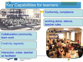 Key Capabilities for learners
Key capabilities
20th century learners

Conformity, compliance
working alone, silence,
teacher rules

Collaboration,community,
team work
Creativity, ingenuity
Interaction, noise, teacher
as facilitator

Key capabilities 21st
century
learners

 