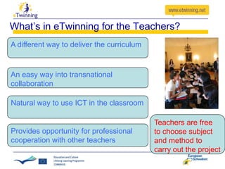 What’s in eTwinning for the Teachers?
A different way to deliver the curriculum

An easy way into transnational
collaboration
Natural way to use ICT in the classroom

Provides opportunity for professional
cooperation with other teachers

Teachers are free
to choose subject
and method to
carry out the project

 