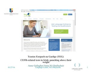 01/27/16 Language Centre, NUI Maynooth 1
Teastas Eorpach na Gaeilge (TEG)
CEFR-related tests in Irish: punching above their
weight
Anne Gallagher/Anna Ní Ghallachair
 