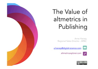 The Value of
altmetrics in
Publishing
a.harvey@digital-sicence.com
altmetricexplorer.com
Anne Harvey
Regional Sales Director - APAC
 