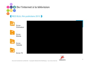 De l’internet à la télévision


RED BULL film publicitaire 2013



        Ecran
        Ordinateur



        Ecran
        Mobile



        Ecran
        Tablette




        Ecran TV


                                                                                                21
Document strictement confidentiel - Copyrights Mediametrie//NetRatings - tous droits réservés
 