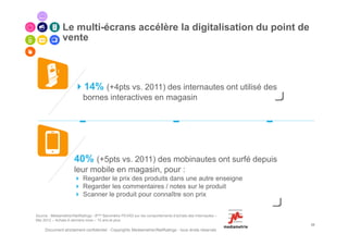 Le multi-écrans accélère la digitalisation du point de
               vente



                           14% (+4pts vs. 2011) des internautes ont utilisé des
                           bornes interactives en magasin




                      40% (+5pts vs. 2011) des mobinautes ont surfé depuis
                      leur mobile en magasin, pour :
                           Regarder le prix des produits dans une autre enseigne
                           Regarder les commentaires / notes sur le produit
                           Scanner le produit pour connaître son prix


Source : Médiamétrie//NetRatings - 8ème Baromètre FEVAD sur les comportements d’achats des Internautes –
Mai 2012 – Achats 6 derniers mois – 15 ans et plus
                                                                                                           28
     Document strictement confidentiel - Copyrights Mediametrie//NetRatings - tous droits réservés
 