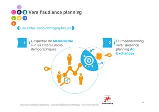 Vers l’audience planning


Les cibles socio-démographiques


            L’expertise de Médiamétrie                                                              Du médiaplanning
   1                                                                                            2
            sur les critères socio-                                                                 vers l’audience
            démographiques                                                                          planning Ad
                                                                                                    Exchanges




                                                                                                                   36
Document strictement confidentiel - Copyrights Mediametrie//NetRatings - tous droits réservés
 