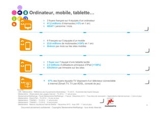 Ordinateur, mobile, tablette…
                                     3 foyers français sur 4 équipés d’un ordinateur
                                     41,2 millions d’internautes (+3% en 1 an)
                                     40h47 / personne / mois




                                     4 Français sur 5 équipés d’un mobile
                                     23,6 millions de mobinautes (+24% en 1 an)
                                     4h4min par mois sur les sites mobiles




                                     1 foyer sur 7 équipé d’une tablette tactile
                                     2,3 millions d’utilisateurs principaux d’iPad (+138%)
                                     53h35min par trimestre sur les sites




                                      47% des foyers équipés TV disposent d’un téléviseur connectable
                                      à internet (Smart TV, TV par ADSL, console de jeu)

Sources :
- GfK / Médiamétrie - Référence des Equipements Multimédias – T4 2012 – Ensemble des foyers français
- Médiamétrie - Observatoire des usages Internet – T4 2012 – 11 ans et plus
- Mediametrie//NetRatings - Panel Mediametrie//NetRatings – France - Décembre 2012 – Tous lieux de connexion – Applications Internet exclues – 2 ans et plus
- Médiamétrie - Panel iPad – T4 2012 – 15 ans et plus
- Médiamétrie - TSM/MCI – T4 2012 - 11 ans et plus
- Médiamétrie - TSM/MCI – T3 2012 - 15 ans et plus
- Médiamétrie - Mesure d'audience Internet Mobile – Décembre 2012 - Avec Wifi - 11 ans et plus                                                                 4
    Document strictement confidentiel - Copyrights Mediametrie//NetRatings - tous droits réservés
 