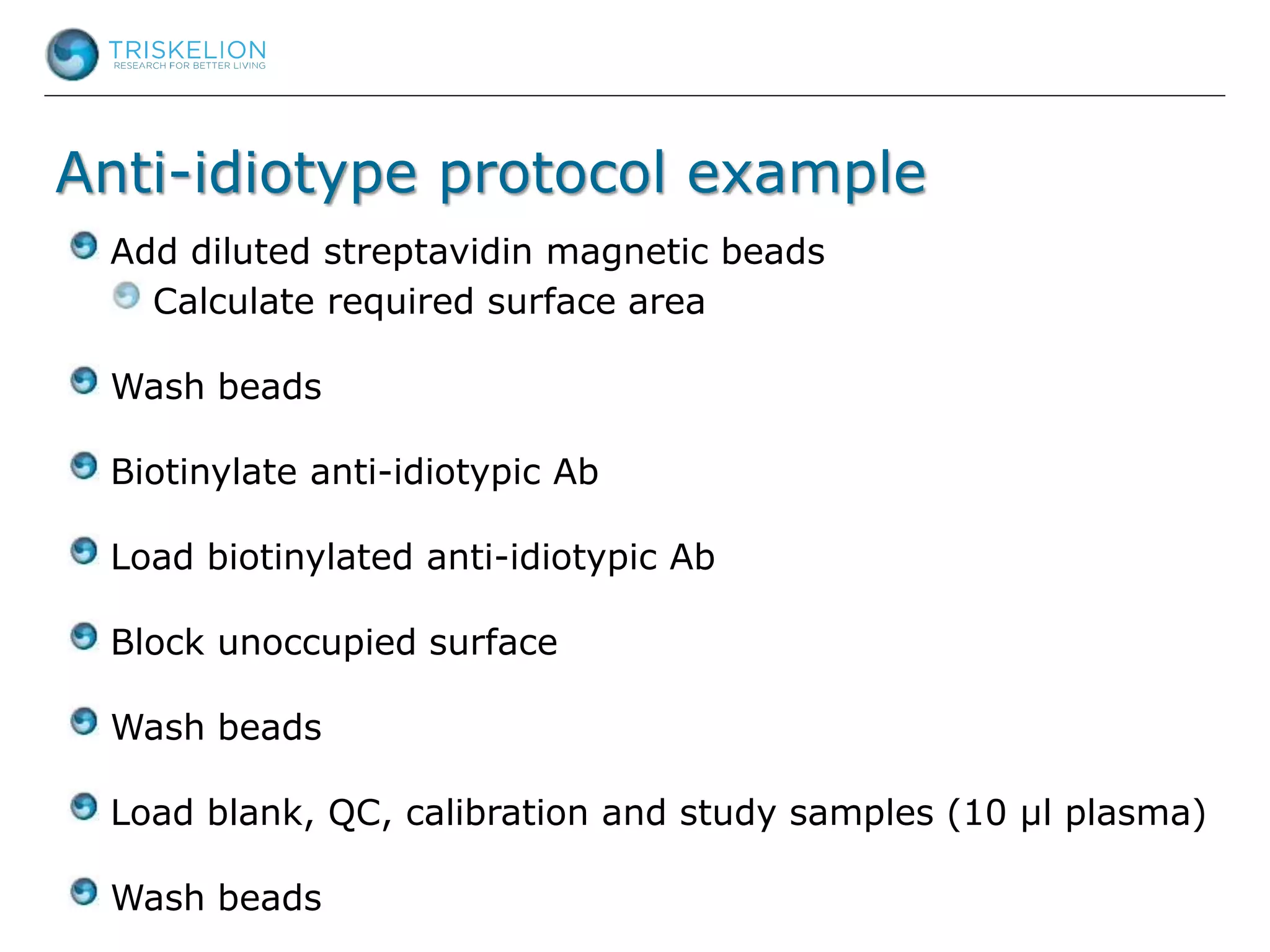 Anti-idiotype protocol example
Add diluted streptavidin magnetic beads
Calculate required surface area
Wash beads
Biotinylate anti-idiotypic Ab
Load biotinylated anti-idiotypic Ab
Block unoccupied surface
Wash beads
Load blank, QC, calibration and study samples (10 µl plasma)
Wash beads
 