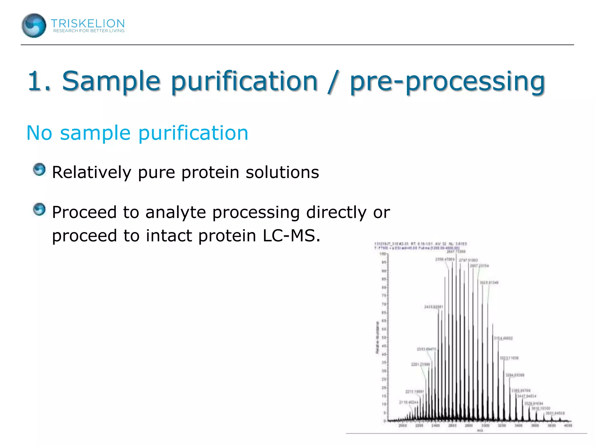 1. Sample purification / pre-processing
Relatively pure protein solutions
Proceed to analyte processing directly or
proceed to intact protein LC-MS.
No sample purification
 