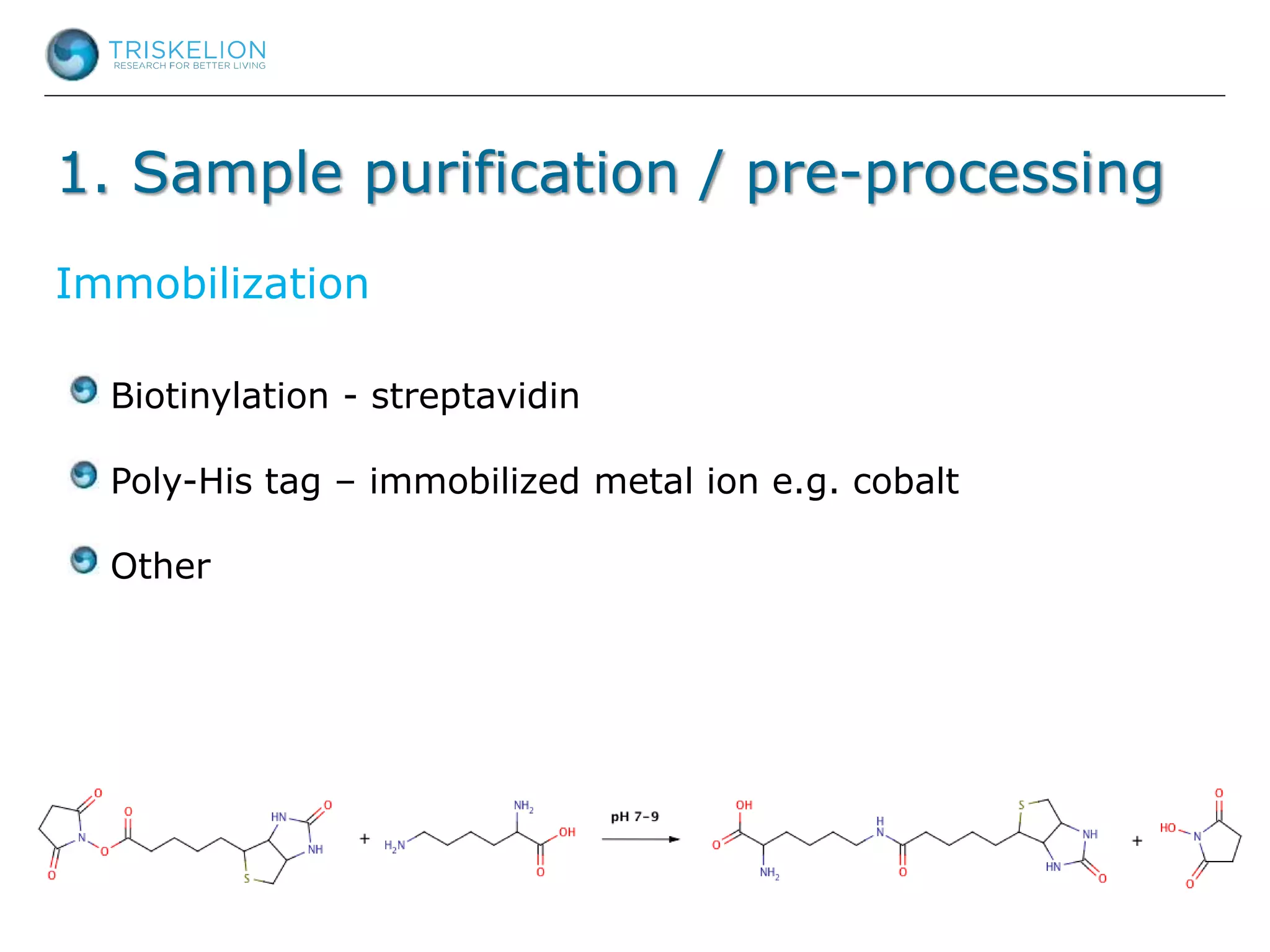 1. Sample purification / pre-processing
Biotinylation - streptavidin
Poly-His tag – immobilized metal ion e.g. cobalt
Other
Immobilization
 