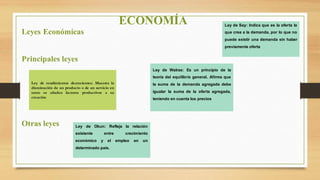ECONOMÍA
Leyes Económicas
Principales leyes
Ley de rendimientos decrecientes: Muestra la
disminución de un producto o de un servicio en
tanto se añaden factores productivos a su
creación
Otras leyes Ley de Okun: Refleja la relación
existente entre crecimiento
económico y el empleo en un
determinado país.
Ley de Walras: Es un principio de la
teoría del equilibrio general. Afirma que
la suma de la demanda agregada debe
igualar la suma de la oferta agregada,
teniendo en cuenta los precios
Ley de Say: Indica que es la oferta la
que crea a la demanda, por lo que no
puede existir una demanda sin haber
previamente oferta
 