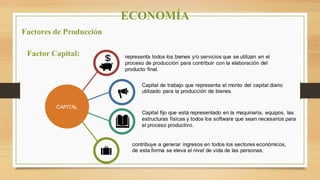 CAPITAL
representa todos los bienes y/o servicios que se utilizan en el
proceso de producción para contribuir con la elaboración del
producto final.
Capital de trabajo que representa el monto del capital diario
utilizado para la producción de bienes
Capital fijo que está representado en la maquinaria, equipos, las
estructuras físicas y todos los software que sean necesarios para
el proceso productivo.
contribuye a generar ingresos en todos los sectores económicos,
de esta forma se eleva el nivel de vida de las personas.
ECONOMÍA
Factores de Producción
Factor Capital:
 