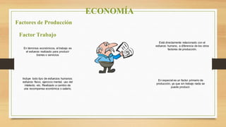 Está directamente relacionado con el
esfuerzo humano, a diferencia de los otros
factores de producción.
En especial es un factor primario de
producción, ya que sin trabajo nada se
puede producir.
En términos económicos, el trabajo es
el esfuerzo realizado para producir
bienes o servicios
ECONOMÍA
Factores de Producción
Factor Trabajo
Incluye todo tipo de esfuerzos humanos:
esfuerzo físico, ejercicio mental, uso del
intelecto, etc. Realizado a cambio de
una recompensa económica o salario.
 