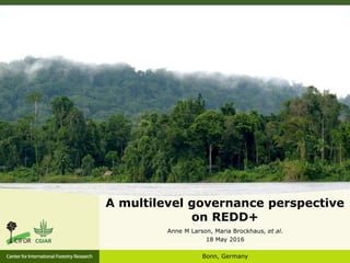 A multilevel governance perspective
on REDD+
Anne M Larson, Maria Brockhaus, et al.
18 May 2016
Bonn, Germany
 