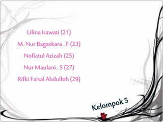 LilinaIrawati(21)
M. Nur Bagaskara . F (23)
NofiatulAzizah (25)
Nur Maulani. S (27)
Rifki FaisalAbdulloh(29)
 