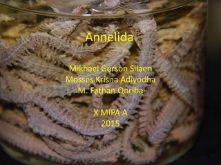 Annelida
Mikhael Gerson Silaen
Mosses Krisna Adiyodha
M. Fathan Qoriba
X MIPA A
2015
 