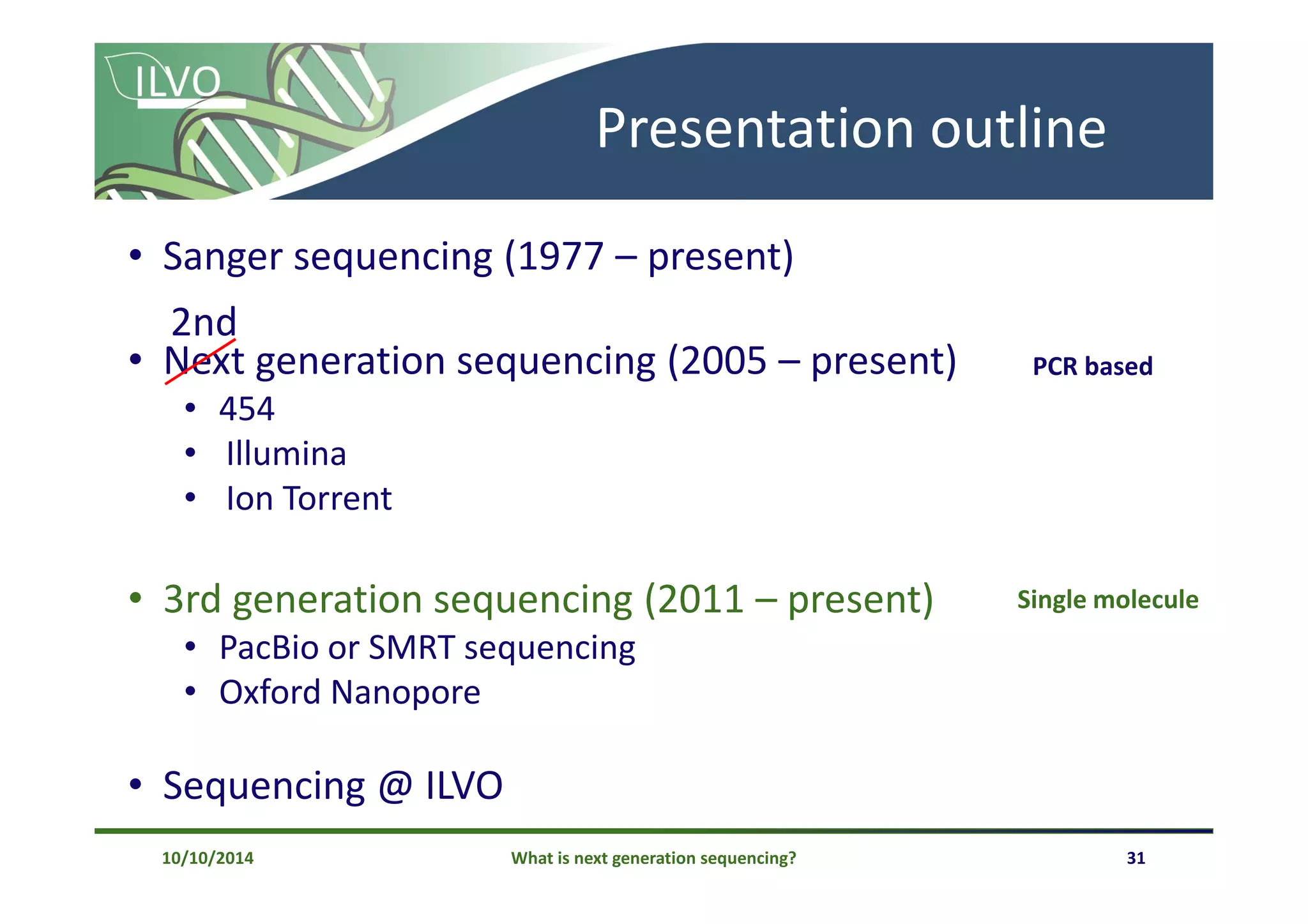 What is next generation sequencing? 31
Presentation outline
• Sanger sequencing (1977 – present)
• Next generation sequencing (2005 – present)
• 454
• Illumina
• Ion Torrent
• 3rd generation sequencing (2011 – present)
• PacBio or SMRT sequencing
• Oxford Nanopore
• Sequencing @ ILVO
PCR based
Single molecule
2nd
10/10/2014
 