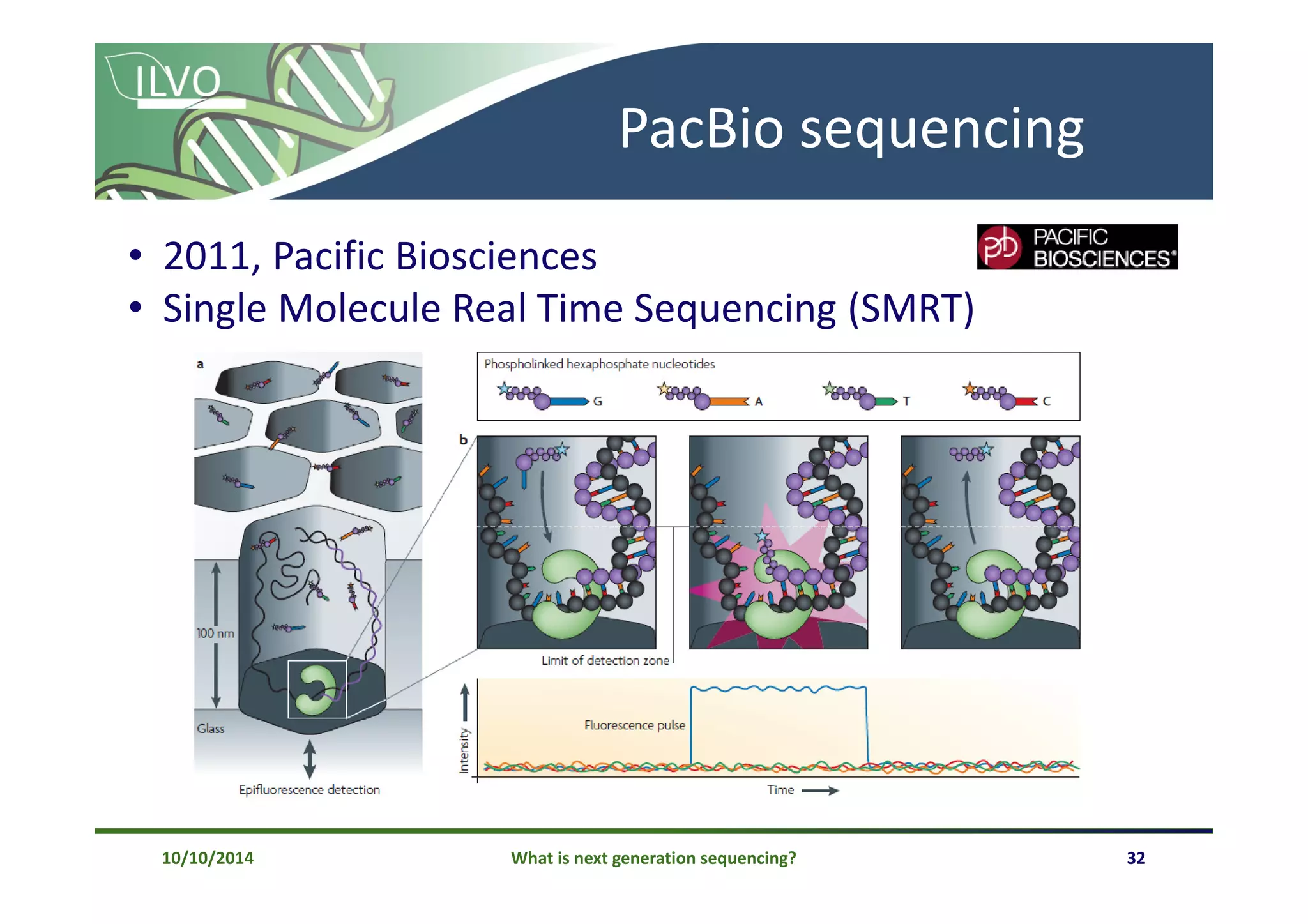 What is next generation sequencing? 32
PacBio sequencing
• 2011, Pacific Biosciences
• Single Molecule Real Time Sequencing (SMRT)
10/10/2014
 
