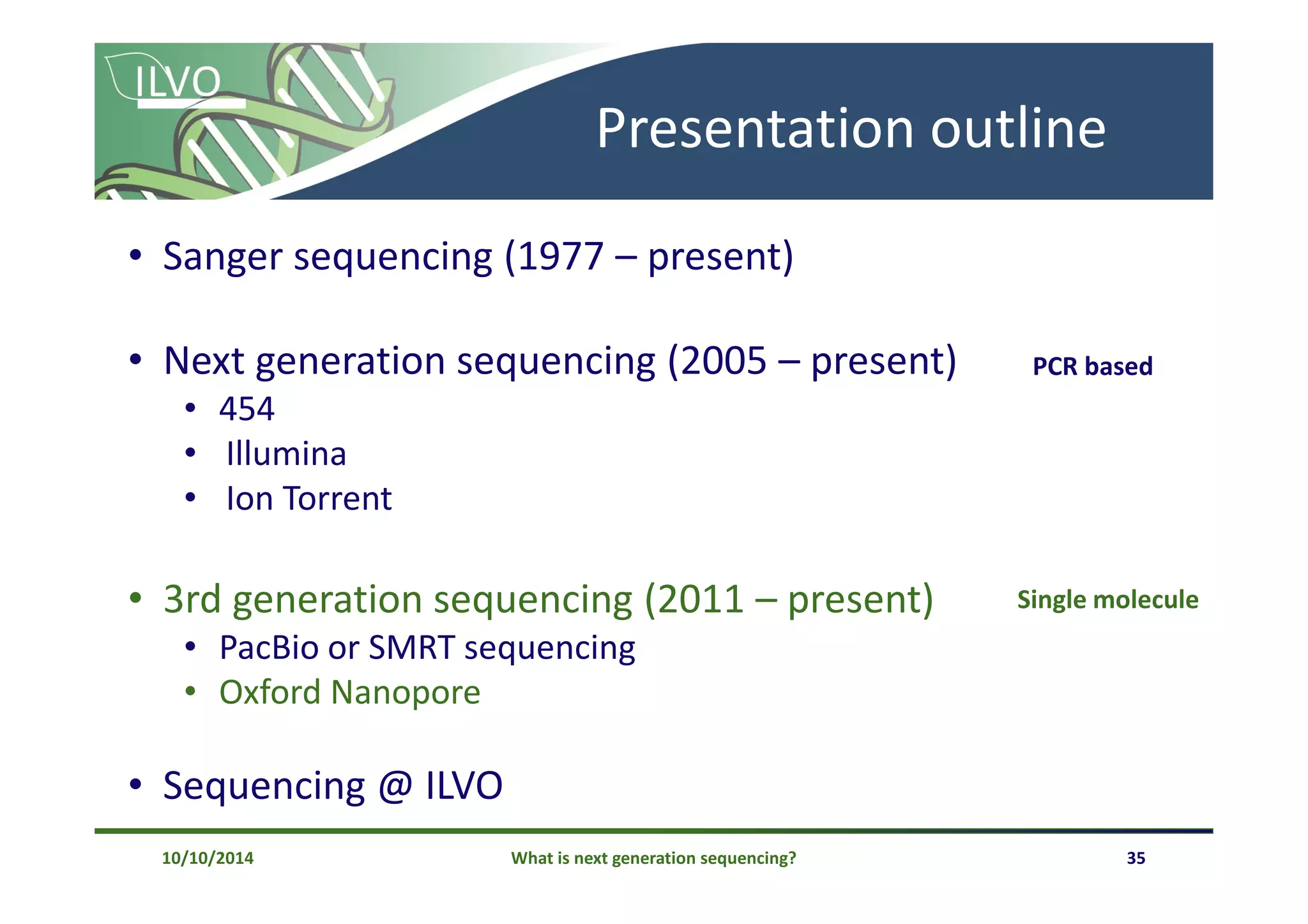 What is next generation sequencing? 35
Presentation outline
• Sanger sequencing (1977 – present)
• Next generation sequencing (2005 – present)
• 454
• Illumina
• Ion Torrent
• 3rd generation sequencing (2011 – present)
• PacBio or SMRT sequencing
• Oxford Nanopore
• Sequencing @ ILVO
PCR based
Single molecule
10/10/2014
 
