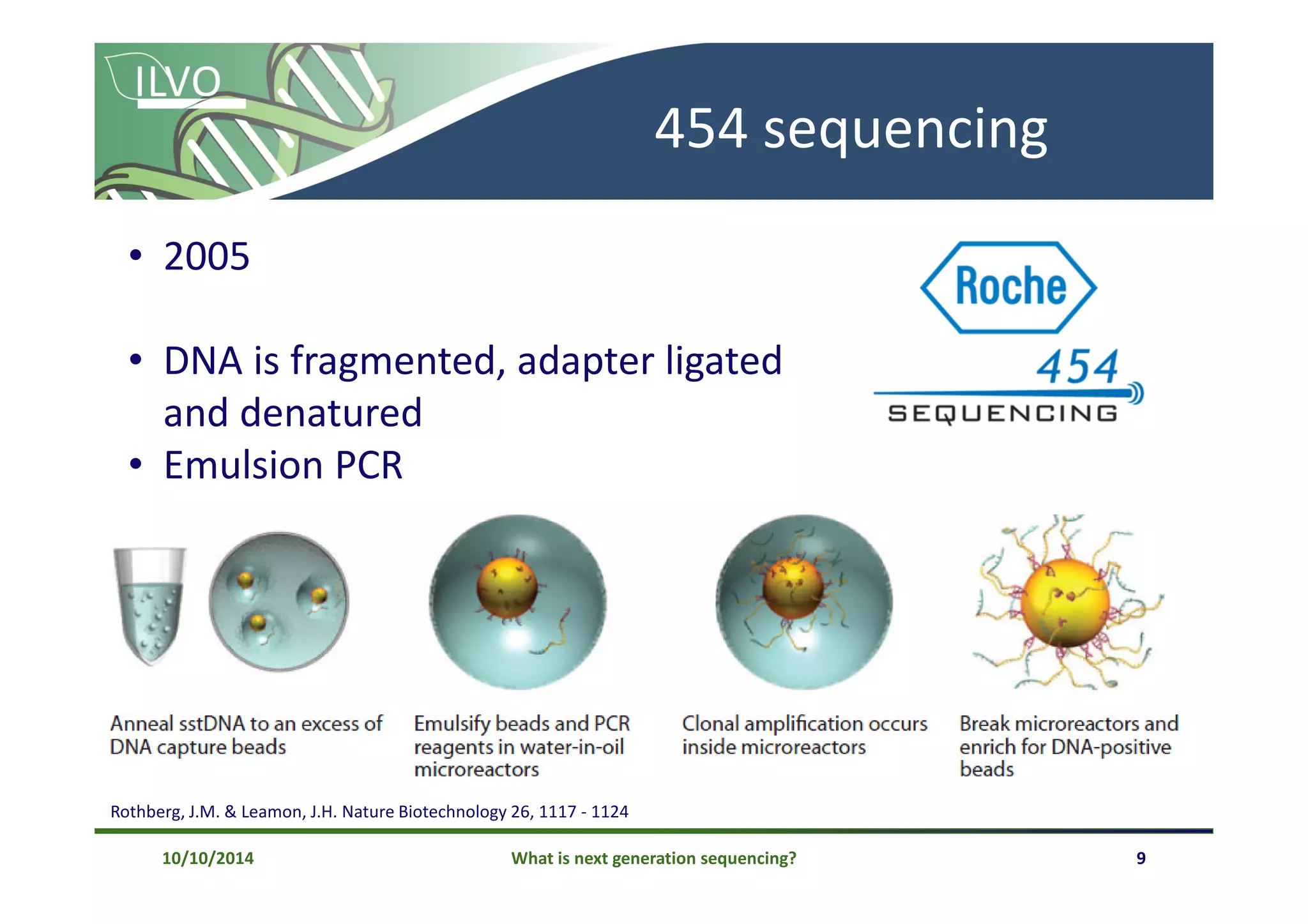 What is next generation sequencing? 9
454 sequencing
• 2005
• DNA is fragmented, adapter ligated
and denatured
• Emulsion PCR
10/10/2014
Rothberg, J.M. & Leamon, J.H. Nature Biotechnology 26, 1117 - 1124
 