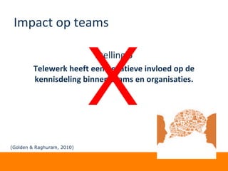 Impact op teams
Stelling 5
Telewerk heeft een negatieve invloed op de
kennisdeling binnen teams en organisaties.
X
(Golden & Raghuram, 2010)
 