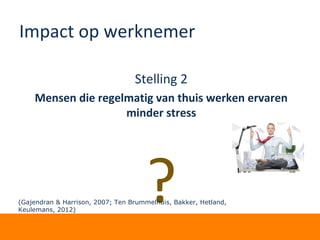 Impact op werknemer
Stelling 2
Mensen die regelmatig van thuis werken ervaren
minder stress
?(Gajendran & Harrison, 2007; Ten Brummelhuis, Bakker, Hetland,
Keulemans, 2012)
 
