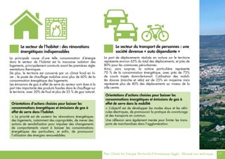 Plan Climat Air Energie Territorial d’Annemasse Agglo - Résumé non technique 11
La principale cause d’une telle consommation d’énergie
dans le secteur de l’habitat est la mauvaise isolation des
logements, principalement construits avant les premières régle-
mentations thermiques.
De plus, le territoire est concerné par un climat froid en hi-
ver ; le poste de chauffage mobilise ainsi plus de 60% de la
consommation énergétique des logements.
Les émissions de gaz à effet de serre du secteur sont dues à la
part très importante des produits fossiles dans le chauffage sur
le territoire, avec 30% de fioul et plus de 35 % de gaz naturel.
Le secteur de l’habitat : des rénovations
énergétiques indispensables
La part de déplacements réalisés en voiture sur le territoire
représente environ 65% du total des déplacements, et près de
80% pour les communes périurbaines.
Ainsi, sans surprise, la voiture particulière représente
70 % de la consommation énergétique, avec près de 75%
de courts trajets domicile-travail. L’utilisation des mobili-
tés douces (marche et vélo) est de 25% en moyenne mais
représente plus de 40% des déplacements au niveau de la
ville centre.
Orientations d’actions choisies pour baisser les
consommations énergétiques et émissions de gaz à
effet de serre dans l’habitat.
> La priorité est de soutenir les rénovations énergétiques
des logements, notamment des copropriétés, de mener des
actions de sensibilisation pour impulser des changements
de comportements visant à baisser les consommations
énergétiques des particuliers, et enfin, de promouvoir
l’utilisation des énergies renouvelables.
Le secteur du transport de personnes : une
société devenue « auto dépendante »
Orientations d’actions choisies pour baisser les
consommations énergétiques et émissions de gaz à
effet de serre dans la mobilité
> L’objectif est de développer les modes doux et les véhi-
cules électriques, de promouvoir la pratique du covoiturage
et des transports en commun.
Une réflexion sera également menée pour limiter les trans-
ports de marchandises dans l’agglomération.
 