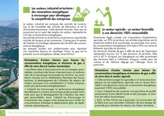 12 Plan Climat Air Energie Territorial d’Annemasse Agglo - Résumé non technique
Le secteur industriel est composé des activités de construc-
tion et de l’ensemble des activités de fabrication et de la
chimie/pharmaceutique. Cette dernière branche, bien que ne
concernant qu’un quart des emplois du secteur, représente les
3/4 des consommations énergétiques.
Les activités tertiaires sur le territoire concernent en majorité des
activités de bureaux et de commerces. Comme pour le secteur
de l’habitat, le chauffage représente plus de 60% des consom-
mations énergétiques.
Les énergies fossiles sont prédominantes pour répondre
aux importants besoins en chauffage l’hiver. Le gaz est la
première source énergétique utilisée, avant le fioul.
Annemasse Agglo compte une cinquantaine d’exploitations
agricoles, sur 22% du territoire. Les activités majoritaires sont la
production laitière et le maraîchage, en particulier sous serres.
Les consommations énergétiques sont dues à 95% aux serres et
bâtiments agricoles du territoire.
Les émissions directes de gaz à effet de serre de l’agriculture
représentent environ 2,2 % des émissions du territoire. Elles
sont à 65 % d’origine non énergétique car elles proviennent
des émissions liées à l’utilisation d’engrais azotés pour les
cultures et de méthane dégagé par l’élevage, bovin en
particulier.
Les secteurs industriel et tertiaire :
des rénovations énergétiques
à encourager pour développer
la compétitivité des entreprises
Orientations d’action choisies pour baisser les
consommations énergétiques et émissions de gaz à
effet de serre dans le secteur économique
> Les filières liées à l’écoconstruction et aux énergies renou-
velables constituent des leviers importants pour un renforce-
ment de la dynamique économique du territoire. Les orien-
tations choisies sont la réhabilitation thermique des locaux
tertiaires, le développement de l’utilisation de réseaux de
chaleur biomasse et la sensibilisation à l’achat d’équipe-
ments plus performants énergétiquement.
> L’objectif est d’encourager la performance énergétique
des bâtiments à vocation économiques et des process indus-
triels ainsi que le développement de l’utilisation des éner-
gies renouvelables. Aussi, l’objectif est d’encourager la
mutualisation des usagers entre entreprises pour limiter les
consommations d’énergie et déplacements (plan de dépla-
cements inter-entreprises,…).
Le secteur agricole : un secteur favorable
à une démarche 100% renouvelable
Orientations d’action choisies pour baisser les
consommations énergétiques et émissions de gaz à effet
de serre dans le secteur agricole
> L’idée est d’encourager les agriculteurs à l’autonomie éner-
gétique car les exploitations agricoles sont un terrain favo-
rable à une démarche visant une consommation énergétique
quasiment 100% renouvelable.
> Aussi, l’objectif est de conserver une agriculture de qualité
préservatrice d’une identité locale et des paysages, et créa-
trice de valeurs économiques.
> Enfin, le Plan Climat vise à participer à la structuration de
la filière bois pour permettre l’utilisation de bois énergie de
proximité pour alimenter les réseaux de chaleur biomasse.
 