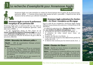 Plan Climat Air Energie Territorial d’Annemasse Agglo - Résumé non technique 17
La recherche d’exemplarité pour Annemasse Agglo1
Annemasse Agglo vise à être exemplaire en matière de climat-air-énergie dans la gestion de ses ressources (eau,
patrimoine, déchet, …). Certaines actions étaient déjà menées de façon « ponctuelle », l’objectif est donc de les
structurer et de les renforcer pour atteindre l’exemplarité.
Annemasse Agglo gère un patrimoine bâti qui n’est, dans sa
quasi-totalité, pas aux normes énergétiques (gymnase, centre
aéré, tennis, EHPAD,…).
> Un des engagements phares du Plan Climat est de
rénover l’ensemble des bâtiments d’Annemasse Agglo pour qu’ils
soient performants énergétiquement, pour diviser leurs consom-
mations énergétiques et baisser les émissions de gaz à effet de
serre de la collectivité.
Dans le cadre de ses compétences, Annemasse Agglo engage
différents travaux (travaux de construction, d’infrastructures ou de
démolition).
> La collectivité systématisera les « Chantiers Air Climat », c’est-à-
dire, peu émetteurs de polluants atmosphériques, visant :
•	 la propreté et la sécurité du chantier (tri des déchets,…),
•	 la protection du milieu naturel (cours d’eau, sol,
biodiversité, …),
•	 la gestion de l’eau (en circuit fermé, …),
•	 l’organisation des transports et des déplacements pendant les
travaux (km CO2, …),
•	 la réduction des nuisances pour les riverains (accès, bruit,…).
20 engagements
Annemasse Agglo va assurer la performance
énergétique de son patrimoine bâti
ZOOM « Rénovation des bâtiments publics »
Objectifs : - 40% de consommations d’énergie primaire
et - 25% d’émissions de GES.
Moyens :
•	 Rénovation des 17 bâtiments sur 30 ans en commençant
par les plus énergivores ; création d’un service énergie
mutualisé avec la ville d’Annemasse pour effectuer le suivi
des consommations énergétiques et la gestion technique
des bâtiments.
•	 Un budget de 350 000 € par an sera consacré à la
rénovation énergétique de ces bâtiments.
Annemasse Agglo systématisera les chantiers
« Air Climat » exemplaires qu’elle engage
ZOOM « Chantiers Air Climat »
Objectifs : Identifier les leviers d’actions et systématiser ces
chantiers sur l’ensemble du territoire.
Moyens : Construction d’un partenariat efficace avec le maître
d’œuvre et les entreprises pour « manager » le projet sur le
volet environnemental afin de limiter réellement les émissions
de particules fines et, de manière plus générale, les atteintes à
l’environnement.
 