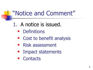 “ Notice and Comment” 1.   A notice is issued. Definitions Cost to benefit analysis Risk assessment Impact statements Contacts 