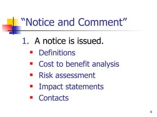 “ Notice and Comment” 1.   A notice is issued. Definitions Cost to benefit analysis Risk assessment Impact statements Contacts 