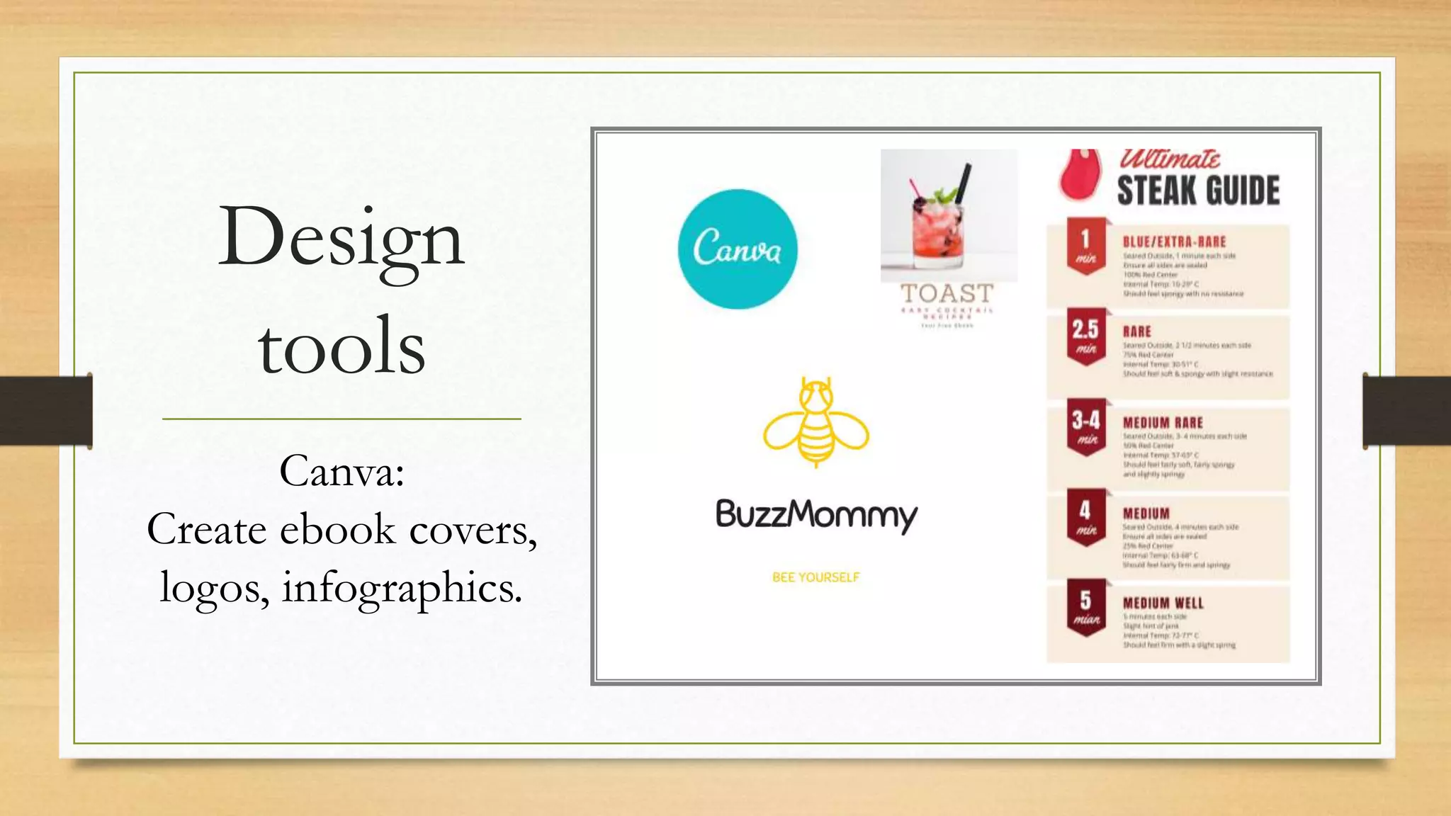 Design
tools
Canva:
Create ebook covers,
logos, infographics.