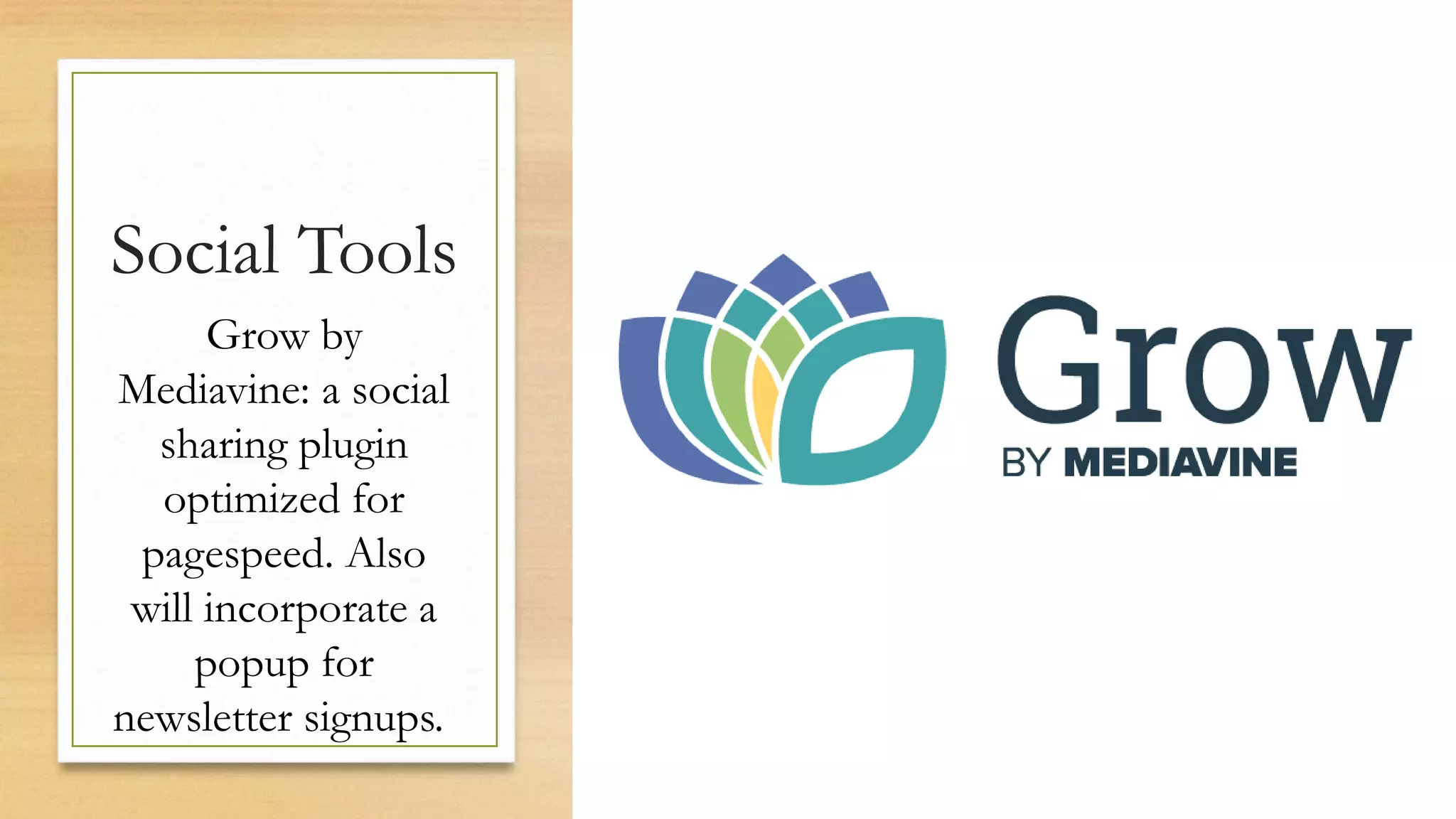 Social Tools
Grow by
Mediavine: a social
sharing plugin
optimized for
pagespeed. Also
will incorporate a
popup for
newsletter signups.