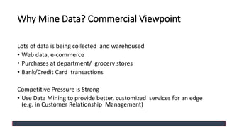 Why Mine Data? Commercial Viewpoint
Lots of data is being collected and warehoused
• Web data, e-commerce
• Purchases at department/ grocery stores
• Bank/Credit Card transactions
Competitive Pressure is Strong
• Use Data Mining to provide better, customized services for an edge
(e.g. in Customer Relationship Management)
 