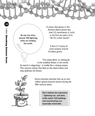 A cactus that grows in the
Arizona desert grows less
than 2.5 centimetres (1 inch)
in the first ten years of its
life. It’s a slow starter!
A litre (1.7 pints) of
sand contains around
8 million grains.
The corpse flower or stinking lily
is the smelliest flower in the world.
Its stench is disgusting – it smells like a rotting corpse.
This attracts insects that feed on the dead matter, and
they pollinate the flower.
Some scientists estimate that up to two
million species became extinct during the
20th century alone.
1001ShockingScienceFacts
100
At any one time,
around 100 lightning
bolts are striking
the earth.
Don’t believe the expression
– lightning can, and does,
strike twice! Tall buildings
and mountaintops are
especially vulnerable.
1001 Science 095-118 Ch4.qxd 16/4/08 17:26 Page 100
 