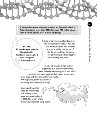 A type of carnivorous plant found in
the tropical rainforests of Asia can
‘eat’ birds and even rats.Animals
are attracted by the nectar of
the flower, and then fall into a
vat of chemicals which dissolve
them, feeding the plant.
A type of amoeba (single-celled
organism) that lives in warm rivers,
lakes and even swimming pools can infect
people if the water gets up their nose. It eats their
brain away and they die within two weeks.
Although rare, death-by-amoeba is
becoming more common! Scary!
101
ShockingLivingWorldFacts
A Norwegian spruce pine tree growing on Campbell Island in
Antarctica stands more than 222 kilometres (139 miles) away
from the next nearest tree. It must be lonely!
In 1986,
92 people were killed in
Bangladesh by
hailstones that weighed
over 1 kilogram
(2.2 pounds) each.
Giant raindrops that
were 8.6 millimetres
(0.3 inches) across
were measured in Brazil
in 1995.The width of the
drops was measured using lasers.
1001 Science 095-118 Ch4.qxd 16/4/08 17:26 Page 101
 