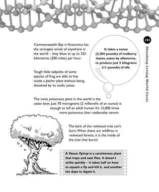 Commonwealth Bay in Antarctica has
the strongest winds of anywhere in
the world – they blow at up to 322
kilometres (200 miles) per hour.
Tough little tadpoles of some
species of frog are able to live
inside a pitcher plant without being
dissolved by its acidic juices.
The most poisonous plant in the world is the
castor bean. Just 70 micrograms (2 millionths of an ounce) is
enough to kill an adult human. It’s 12,000 times
more poisonous than rattlesnake venom.
The bark of the redwood tree can’t
burn.When there are wildfires in
redwood forests, it is the inside of
the tree that burns!
103
ShockingLivingWorldFacts
It takes a tonne
(2,204 pounds) of mulberry
leaves, eaten by silkworms,
to produce just 5 kilograms
(11 pounds) of silk.
A Venus flytrap is a carnivorous plant
that traps and eats flies. It doesn’t
strike quickly – it takes half an hour
to squash a fly and kill it, and another
ten days to digest it.
1001 Science 095-118 Ch4.qxd 16/4/08 17:26 Page 103
 