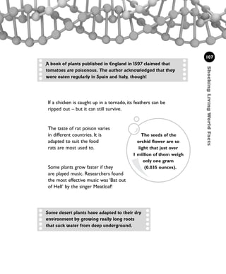 If a chicken is caught up in a tornado, its feathers can be
ripped out – but it can still survive.
The taste of rat poison varies
in different countries. It is
adapted to suit the food
rats are most used to.
Some plants grow faster if they
are played music. Researchers found
the most effective music was ‘Bat out
of Hell’ by the singer Meatloaf!
107
ShockingLivingWorldFacts
A book of plants published in England in 1597 claimed that
tomatoes are poisonous. The author acknowledged that they
were eaten regularly in Spain and Italy, though!
The seeds of the
orchid flower are so
light that just over
1 million of them weigh
only one gram
(0.035 ounces).
Some desert plants have adapted to their dry
environment by growing really long roots
that suck water from deep underground.
1001 Science 095-118 Ch4.qxd 16/4/08 17:26 Page 107
 