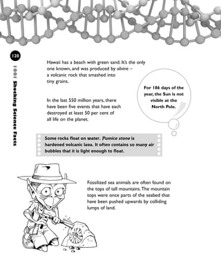 Hawaii has a beach with green sand. It’s the only
one known, and was produced by olivine –
a volcanic rock that smashed into
tiny grains.
In the last 550 million years, there
have been five events that have each
destroyed at least 50 per cent of
all life on the planet.
1001ShockingScienceFacts
120
Fossilized sea animals are often found on
the tops of tall mountains.The mountain
tops were once parts of the seabed that
have been pushed upwards by colliding
lumps of land.
Some rocks float on water. Pumice stone is
hardened volcanic lava. It often contains so many air
bubbles that it is light enough to float.
For 186 days of the
year, the Sun is not
visible at the
North Pole.
1001 Science 119-142 Ch5.qxd 16/4/08 17:27 Page 120
 