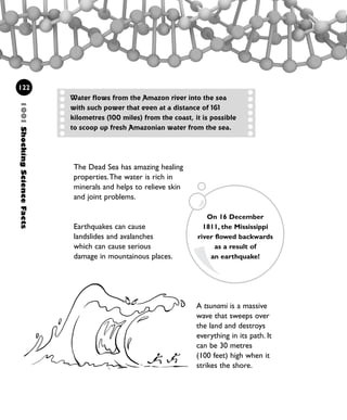 The Dead Sea has amazing healing
properties.The water is rich in
minerals and helps to relieve skin
and joint problems.
Earthquakes can cause
landslides and avalanches
which can cause serious
damage in mountainous places.
1001ShockingScienceFacts
122
Water flows from the Amazon river into the sea
with such power that even at a distance of 161
kilometres (100 miles) from the coast, it is possible
to scoop up fresh Amazonian water from the sea.
On 16 December
1811, the Mississippi
river flowed backwards
as a result of
an earthquake!
A tsunami is a massive
wave that sweeps over
the land and destroys
everything in its path. It
can be 30 metres
(100 feet) high when it
strikes the shore.
1001 Science 119-142 Ch5.qxd 16/4/08 17:27 Page 122
 
