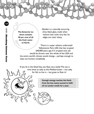 Obsidian is a naturally occurring
shiny black glass, made when
volcanic lava cools very fast. Its
edges are razor sharp.
There is a super volcano underneath
Yellowstone Park, USA that last erupted
640,000 years ago. If it erupted now, ash
would be thrown over the whole of the USA and
the entire world’s climate would change – perhaps enough to
wipe out humans completely.
If you lie in the Dead Sea, you float very easily! The sea is
nine times as salty as the Mediterranean – too salty
for fish to live in – but great to float in!
124
1001ShockingScienceFacts
The Antarctic ice
sheet contains
90 per cent of all
the fresh water
on Earth.
Enough energy reaches the Earth
from the Sun every second to fulfil
all our power needs for a year.
1001 Science 119-142 Ch5.qxd 16/4/08 17:27 Page 124
 