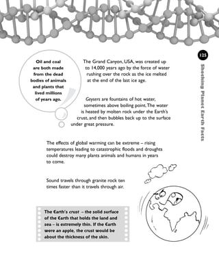 Geysers are fountains of hot water,
sometimes above boiling point.The water
is heated by molten rock under the Earth’s
crust, and then bubbles back up to the surface
under great pressure.
The effects of global warming can be extreme – rising
temperatures leading to catastrophic floods and droughts
could destroy many plants animals and humans in years
to come.
Sound travels through granite rock ten
times faster than it travels through air.
The Grand Canyon, USA, was created up
to 14,000 years ago by the force of water
rushing over the rock as the ice melted
at the end of the last ice age.
125
ShockingPlanetEarthFacts
The Earth’s crust – the solid surface
of the Earth that holds the land and
sea – is extremely thin. If the Earth
were an apple, the crust would be
about the thickness of the skin.
Oil and coal
are both made
from the dead
bodies of animals
and plants that
lived millions
of years ago.
1001 Science 119-142 Ch5.qxd 16/4/08 17:28 Page 125
 