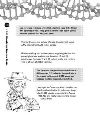 1001ShockingScienceFacts
128
The Earth’s core is a sphere of metal (mostly iron) about
2,442 kilometres (1,516 miles) across.
Glaciers melting and sea temperatures getting warmer has
caused global sea levels to rise between 10 and 25
centimetres (between 4 and 10 inches) in the last century.
This is all part of global warming.
Ice cores are cylinders of ice that scientists have drilled from
the polar ice sheets. They give us information about Earth’s
climate over the last 740,000 years.
Lake Nyos in Cameroon,Africa, belches out
deadly carbon dioxide. Its poisonous burps
killed 1,800 people in one night in August
1986. No one really knows where the gas
comes from.
The pyramids in Egypt have moved about
4 kilometres (2.5 miles) to the south since
they were built around 5,000 years ago
because the land masses have shifted.
1001 Science 119-142 Ch5.qxd 16/4/08 17:28 Page 128
 