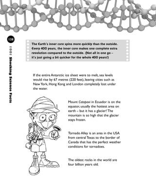 1001ShockingScienceFacts
138
If the entire Antarctic ice sheet were to melt, sea levels
would rise by 67 metres (220 feet), leaving cities such as
New York, Hong Kong and London completely lost under
the water.
Mount Cotopaxi in Ecuador is on the
equator, usually the hottest area on
earth – but it has a glacier! The
mountain is so high that the glacier
stays frozen.
Tornado Alley is an area in the USA
from central Texas to the border of
Canada that has the perfect weather
conditions for tornadoes.
The oldest rocks in the world are
four billion years old.
The Earth’s inner core spins more quickly than the outside.
Every 400 years, the inner core makes one complete extra
revolution compared to the outside. (Not all in one go –
it’s just going a bit quicker for the whole 400 years!)
1001 Science 119-142 Ch5.qxd 16/4/08 17:28 Page 138
 
