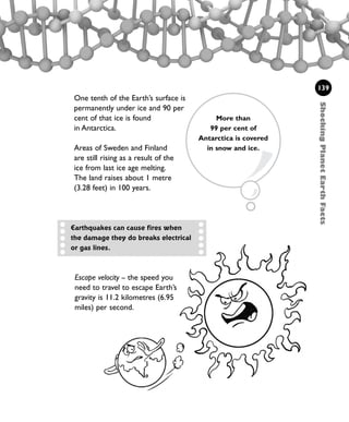 Areas of Sweden and Finland
are still rising as a result of the
ice from last ice age melting.
The land raises about 1 metre
(3.28 feet) in 100 years.
One tenth of the Earth’s surface is
permanently under ice and 90 per
cent of that ice is found
in Antarctica.
ShockingPlanetEarthFacts
139
More than
99 per cent of
Antarctica is covered
in snow and ice.
Escape velocity – the speed you
need to travel to escape Earth’s
gravity is 11.2 kilometres (6.95
miles) per second.
Earthquakes can cause fires when
the damage they do breaks electrical
or gas lines.
1001 Science 119-142 Ch5.qxd 16/4/08 17:28 Page 139
 