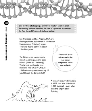 The Richter scale measures the
size of an earthquake and goes
from 1 (small) to 10 (deadly).
The largest earthquake ever
recorded was a 9.5 in Chile, in
1960.An earthquake measuring 12
would break the Earth in half!
San Francisco and Los Angeles, USA, are
moving towards each other at the rate of
5 centimetres (2 inches) a year.
They are due to collide in about
15 million years.
1001ShockingScienceFacts
140
There are more
volcanoes in the
mid-ocean
ridge than there
are on land.
One method of stopping a wildfire is to start another one!
By burning an area ahead of the fire, it’s possible to remove
the fuel the wildfire needs to keep going.
A tsunami occurred in Alaska
in 1958 that was 524 metres
(1,719 feet) tall – even taller
than the Empire State
Building.
1001 Science 119-142 Ch5.qxd 16/4/08 17:28 Page 140
 