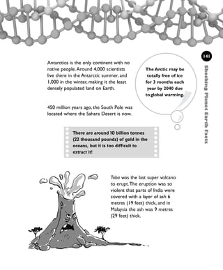 Antarctica is the only continent with no
native people.Around 4,000 scientists
live there in the Antarctic summer, and
1,000 in the winter, making it the least
densely populated land on Earth.
450 million years ago, the South Pole was
located where the Sahara Desert is now.
ShockingPlanetEarthFacts
141
There are around 10 billion tonnes
(22 thousand pounds) of gold in the
oceans, but it is too difficult to
extract it!
Toba was the last super volcano
to erupt.The eruption was so
violent that parts of India were
covered with a layer of ash 6
metres (19 feet) thick, and in
Malaysia the ash was 9 metres
(29 feet) thick.
The Arctic may be
totally free of ice
for 3 months each
year by 2040 due
toglobal warming.
1001 Science 119-142 Ch5.qxd 16/4/08 17:28 Page 141
 
