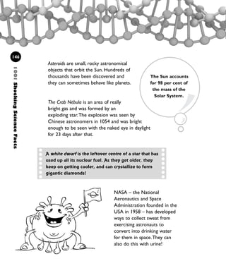 NASA – the National
Aeronautics and Space
Administration founded in the
USA in 1958 – has developed
ways to collect sweat from
exercising astronauts to
convert into drinking water
for them in space.They can
also do this with urine!
1001ShockingScienceFacts
146
Asteroids are small, rocky astronomical
objects that orbit the Sun. Hundreds of
thousands have been discovered and
they can sometimes behave like planets.
The Crab Nebula is an area of really
bright gas and was formed by an
exploding star.The explosion was seen by
Chinese astronomers in 1054 and was bright
enough to be seen with the naked eye in daylight
for 23 days after that.
A white dwarf is the leftover centre of a star that has
used up all its nuclear fuel. As they get older, they
keep on getting cooler, and can crystallize to form
gigantic diamonds!
The Sun accounts
for 98 per cent of
the mass of the
Solar System.
1001 Science 143-168 Ch6.qxd 17/4/08 08:53 Page 146
 