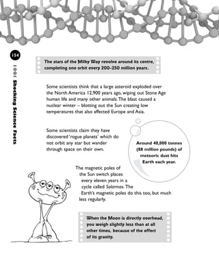 Some scientists think that a large asteroid exploded over
the North America 12,900 years ago, wiping out Stone Age
human life and many other animals.The blast caused a
nuclear winter – blotting out the Sun creating low
temperatures that also affected Europe and Asia.
Some scientists claim they have
discovered ‘rogue planets’ which do
not orbit any star but wander
through space on their own.
The magnetic poles of
the Sun switch places
every eleven years in a
cycle called Solarmax. The
Earth’s magnetic poles do this too, but much
less regularly.
1001ShockingScienceFacts
154
The stars of the Milky Way revolve around its centre,
completing one orbit every 200–250 million years.
When the Moon is directly overhead,
you weigh slightly less than at all
other times, because of the effect
of its gravity.
Around 40,000 tonnes
(88 million pounds) of
meteoric dust hits
Earth each year.
1001 Science 143-168 Ch6.qxd 17/4/08 08:54 Page 154
 