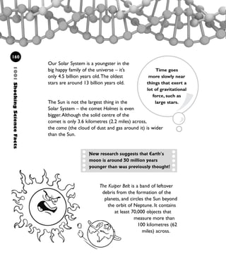 Our Solar System is a youngster in the
big happy family of the universe – it’s
only 4.5 billion years old.The oldest
stars are around 13 billion years old.
The Sun is not the largest thing in the
Solar System – the comet Holmes is even
bigger.Although the solid centre of the
comet is only 3.6 kilometres (2.2 miles) across,
the coma (the cloud of dust and gas around it) is wider
than the Sun.
160
1001ShockingScienceFacts
Time goes
more slowly near
things that exert a
lot of gravitational
force, such as
large stars.
New research suggests that Earth’s
moon is around 30 million years
younger than was previously thought!
The Kuiper Belt is a band of leftover
debris from the formation of the
planets, and circles the Sun beyond
the orbit of Neptune. It contains
at least 70,000 objects that
measure more than
100 kilometres (62
miles) across.
1001 Science 143-168 Ch6.qxd 17/4/08 08:54 Page 160
 