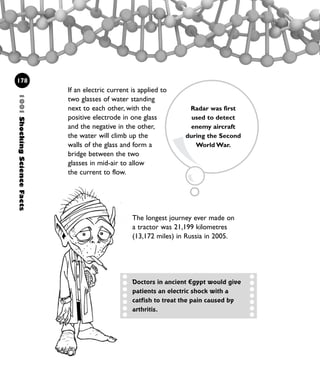 If an electric current is applied to
two glasses of water standing
next to each other, with the
positive electrode in one glass
and the negative in the other,
the water will climb up the
walls of the glass and form a
bridge between the two
glasses in mid-air to allow
the current to flow.
1001ShockingScienceFacts
178
Doctors in ancient Egypt would give
patients an electric shock with a
catfish to treat the pain caused by
arthritis.
Radar was first
used to detect
enemy aircraft
during the Second
World War.
The longest journey ever made on
a tractor was 21,199 kilometres
(13,172 miles) in Russia in 2005.
1001 Science 169-208 Ch7.qxd 17/4/08 08:56 Page 178
 