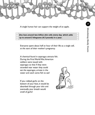 ShockingBodyFacts
17
A single human hair can support the weight of an apple.
Everyone spent about half an hour of their life as a single cell,
at the start of their mother’s pregnancy.
A chemical found in asparagus attracts fish.
During the First World War,American
soldiers were issued with
asparagus so that if they were
stranded near water they could
eat the asparagus, urinate in the
water and catch some fish to eat!
If you rubbed garlic on the
bottom of your foot, it would be
absorbed through your skin and
eventually your breath would
smell of garlic!
You lose around two billion skin cells every day, which adds
up to around 2 kilograms (4.5 pounds) in a year.
1001 Science 009-046 Ch1.qxd 16/4/08 17:07 Page 17
 