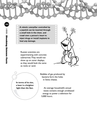 Bubbles of gas produced by
bacteria form the holes
in Swiss cheese.
Russian scientists are
experimenting with concrete
submarines.They would not
show up on sonar displays,
as they would look the same
as rocks or sand.
An average household’s annual
waste contains enough unreleased
energy to power a television for
5,000 hours.
1001ShockingScienceFacts
182
A robotic caterpillar controlled by
a joystick can be inserted through
a small hole in the chest, and
crawl over a person’s heart to
inject drugs or install implants to
heal any damage.
In terms of its size,
a laser is a brighter
light than the Sun.
1001 Science 169-208 Ch7.qxd 17/4/08 08:56 Page 182
 